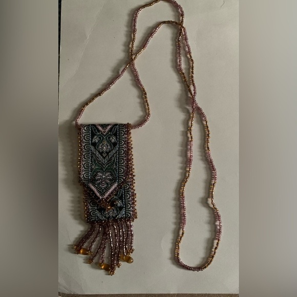 Vintage 1970’s Boho Beaded Bag Necklace, Hand Embroidered Beads - Picture 1 of 6